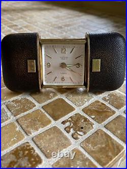 Art Deco Lancel Paris 7 jewels Travel Alarm Clock Leather & Brass Excellent