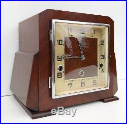 Art Deco Mahogany German Quarter Chiming Mantle Clock