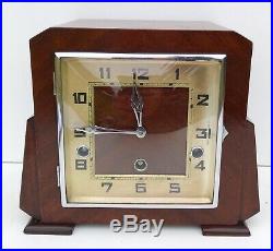 Art Deco Mahogany German Quarter Chiming Mantle Clock