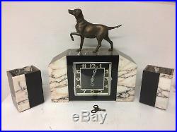 Art Deco Marbe Mantel Clock with Garniture and Spelter Gun Dog