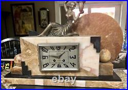 Art Deco Marble Mantle Clock 1920's With Woman Statue R Barbot Limoges
