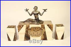 Art Deco Marble Onyx Japy Freres Style 3 Piece Garniture Mantel Shelf Clock Set
