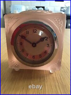 Art Deco Pink Glass Clock Cherubs & Flower Basket