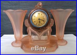 Art Deco Pressed Glass Walther lady figure Windsor clock and garniture vases