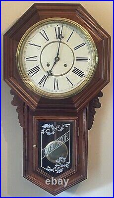 Art Deco Schoolhouse Deep Gong Chime 8 Day Wall Drop Down Working Clock with Key