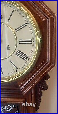 Art Deco Schoolhouse Deep Gong Chime 8 Day Wall Drop Down Working Clock with Key