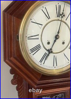 Art Deco Schoolhouse Deep Gong Chime 8 Day Wall Drop Down Working Clock with Key