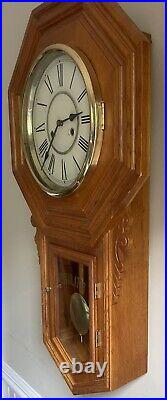 Art Deco Schoolhouse Deep Gong Chime 8 Day Wall Drop Down Working Clock with Key