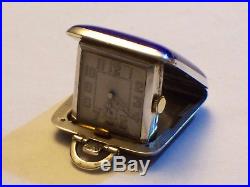 Art Deco Silver Blue Enamel Folding Pocket Watch Travel Clock Working Order