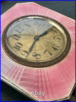 Art Deco Silver & Pink Guilloche Enamel Dressing Table Clock Hallmark B'ham 1930