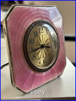 Art Deco Silver & Pink Guilloche Enamel Dressing Table Clock Hallmark B'ham 1930