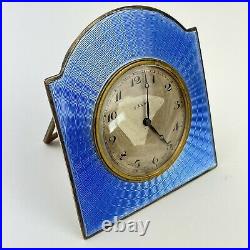 Art Deco Solid Silver Blue Guilloche Enamel Travel Clock Albert Carter 1928 8cm