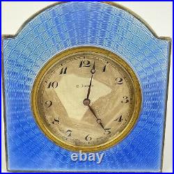 Art Deco Solid Silver Blue Guilloche Enamel Travel Clock Albert Carter 1928 8cm