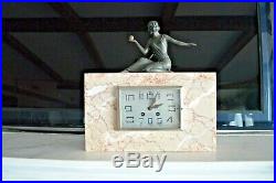 Art Deco Statue Bronze Marble Clock With Key Circa 1930 Shelf Mantel Collector