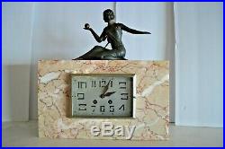 Art Deco Statue Bronze Marble Clock With Key Circa 1930 Shelf Mantel Collector