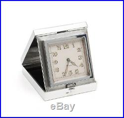 Art Deco Sterling Silver & Guilloche Enamel Travelling Clock by Rotherham & Sons