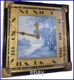 Art Deco Table Desk Clock 8 days winding Wood & Stream Scene 2 1/2 X 2 3/4 Runs