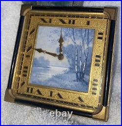 Art Deco Table Desk Clock 8 days winding Wood & Stream Scene 2 1/2 X 2 3/4 Runs