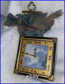 Art Deco Table Desk Clock 8 days winding Wood & Stream Scene 2 1/2 X 2 3/4 Runs