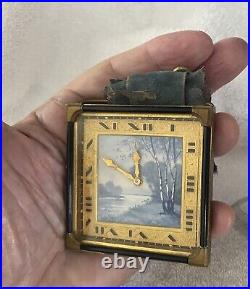 Art Deco Table Desk Clock 8 days winding Wood & Stream Scene 2 1/2 X 2 3/4 Runs