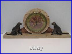 Art Deco Tan And Redish Brown Marble Mantle Clock With Two Brass Panthers No Key