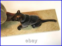 Art Deco Tan And Redish Brown Marble Mantle Clock With Two Brass Panthers No Key