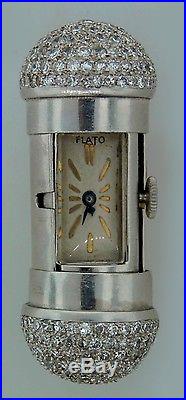 Art Deco c. 1930s 5 cts DIAMOND PLATINUM TRAVEL CLOCK PENDANT by PAUL FLATO Rare