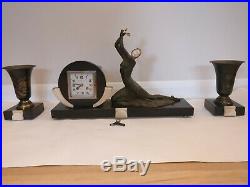 Art deco French Clock set lady spelter onyx marble base with vases working