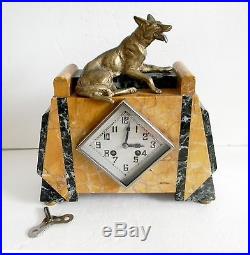 Art deco marble shelf clock with German Shepherd dog figurine FREE SHIPPING
