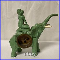 As is, VTG ART DECO GREEN PAINTED SPELTER LADY RIDING TRUNK UP ELEPHANT CLOCK