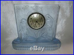 Beautiful Art Deco Walther & Sohne Blue Glass Semi Clad Maidens Relief Clock