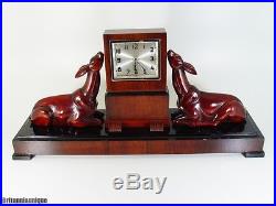 BEAUTIFUL Large German Carved Wood Deers Art Deco Mantle Clock