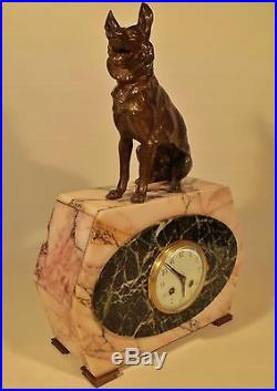 BEAUTIFUL MARBLE ART DECO FRENCH F. MARTI BRONZE DOG SCULPTURE MANTEL CLOCK 1900
