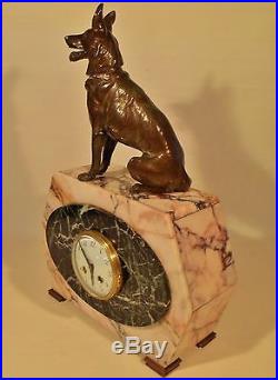 BEAUTIFUL MARBLE ART DECO FRENCH F. MARTI BRONZE DOG SCULPTURE MANTEL CLOCK 1900