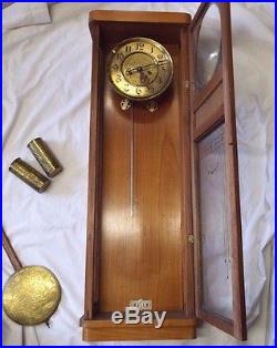 BEAUTIFUL Old Antique WALL HANGING DOUBLE WEIGHT CLOCK ART DECO Wooden Case