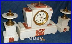 Beautiful Antique French Art Deco 8-day Wind Marble Mantel Clock & Garniture Set