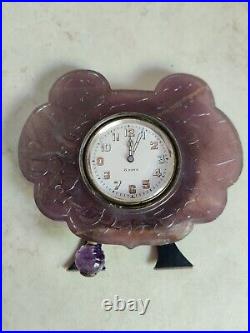 Bensabott Chicago Sterling 8 Day Clock Art Deco Chinese Carved Amethyst As IS