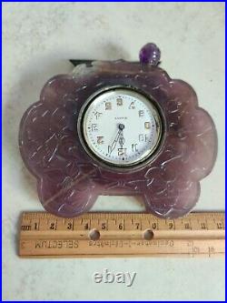 Bensabott Chicago Sterling 8 Day Clock Art Deco Chinese Carved Amethyst As IS