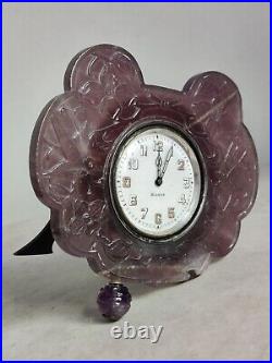 Bensabott Chicago Sterling 8 Day Clock Art Deco Chinese Carved Amethyst As IS