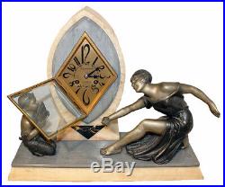 C1920 FRENCH ART DECO MARBLE MANTLE CLOCK SET SPELTER FIGURINES WithURNS
