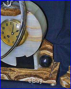 C1925 Art Deco French Clock Bronze Marble Alabaster Onyx Garniture Mantel Suite