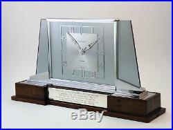 C1939, OUTSTANDING JAEGER LeCOULTRE ART DECO CHROME AND GLASS DESK MANTLE CLOCK