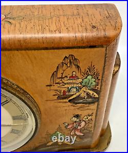 Chinoiserie Art Deco Mantle Clock Vintage Walnut Hand Painted Works Briefly