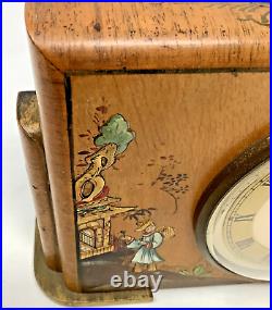 Chinoiserie Art Deco Mantle Clock Vintage Walnut Hand Painted Works Briefly