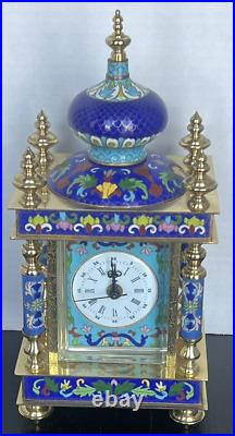 Cloisonné Mantle Carriage Clock Brass, Enamel, Porcelain Vintage Lotus Flower