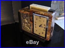Cubist French Art Deco Clock Marble Onyx figural nude silver plated bronze