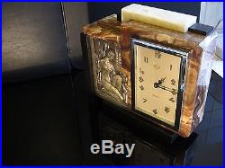 Cubist French Art Deco Clock Marble Onyx figural nude silver plated bronze
