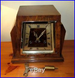 Delightful 1930's Davall Tower Art Deco Walnut Cased Striking Mantle Clock