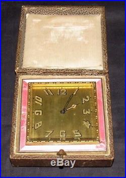 Delightful Swiss Art Deco Strut Clock With Pink Enamel. Early Travel Clock