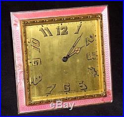 Delightful Swiss Art Deco Strut Clock With Pink Enamel. Early Travel Clock